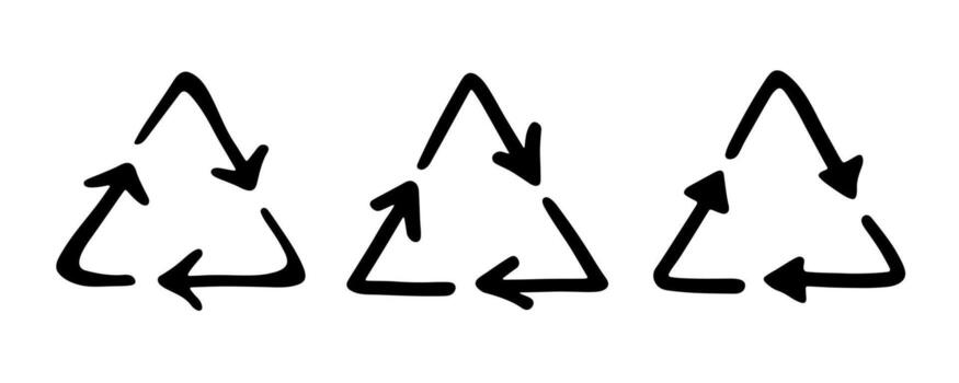 Set of hand drawn recycle arrow icon Recycling resources symbol Reuse of materials, zero waste, green environment, saving the planet natural organic vector