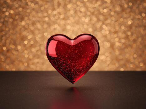 un rojo corazón en un suave superficie, con un resplandeciente oro bokeh antecedentes foto