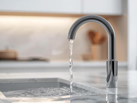 Chrome Faucet Cascade Clean Aesthetics with Fluid Dynamics and Subtle Reflections. photo