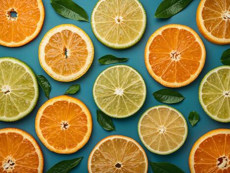 Citrus Segments. A Vibrant Array of Orange and Lime Slices on a Teal Canvas. photo