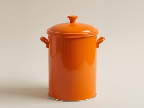 Orange Container with Lid and Handles, Glossy Surface, Simple Form, Cylindrical Shape. photo