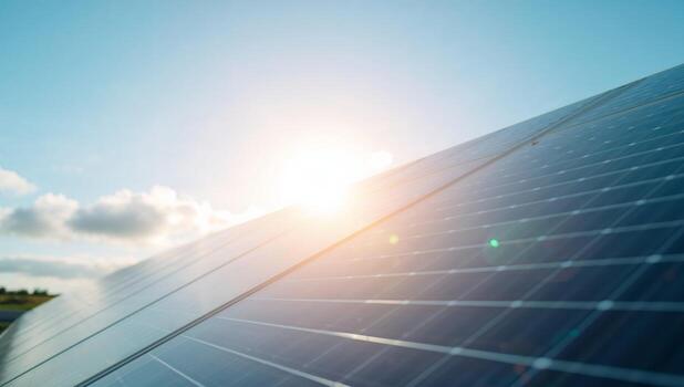 Solar Array, Light Reflection and Horizon Lines, Azure Sky and Sun, Panel Texture. photo