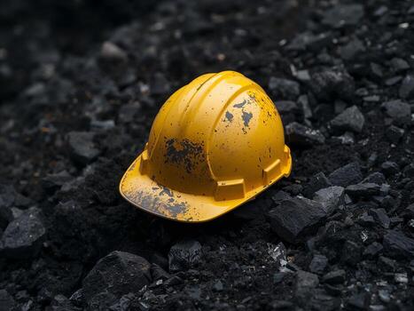 Yellow Helmet on Rough Terrain, Fragmented Surface, Sharp Contrasts, Visual Texture. photo