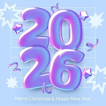 2026 New Year square poster set with 3d holographic numbers stars and fireworks vector