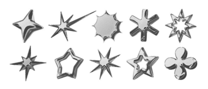 Y2k 3d chrome halftone star shape retro abstract element illustration set vector