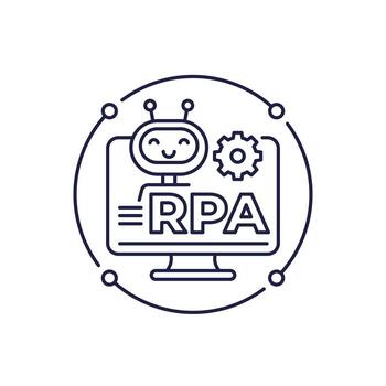 RPA icon with a robot, Robotic process automation, line design vector