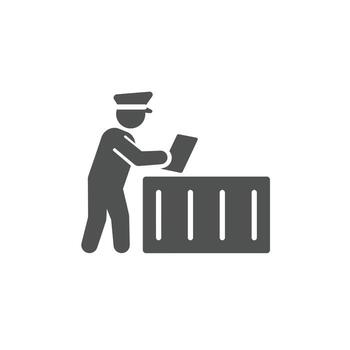 Import export compliance icon with a customs officer inspecting a shipping container for trade vector