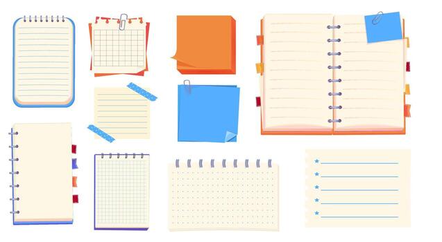 Notes pages set reminder. Bulletin paper, lined list set, notebook office or school blank notebook for homework and exercises. Sticky stickers reminders, notebook clippings, stationery, planner, vector
