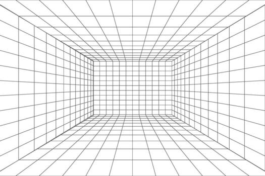 Room perspective grid box in futuristic 3d style. Outline hud tech grid background, room projection. Wireframe grid template in perspective view. vector