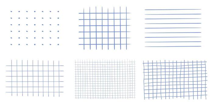 Graph crayon blue hand drawn textured set square grid set for note, geometric line texture. Collection Crayon or pencil stripes, dots for bullet journal pages. vector