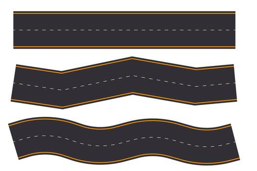 Set Winding zigzag road top view, highway curve path. Empty horizontal way, map. Asphalt wavy road template, game, design element. vector