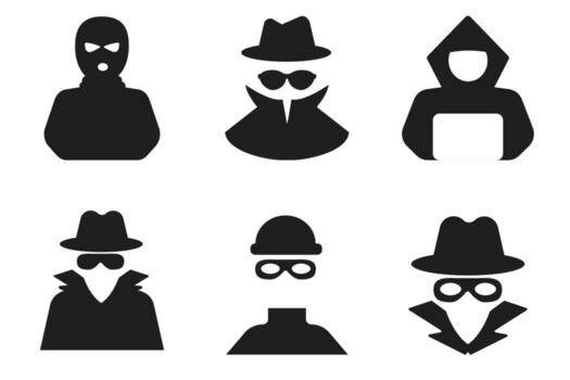 Incognito anonymous bandit set character silhouette icon, hacker or scammer with hidden face, villain. Thief, criminal, robber simple sign. vector