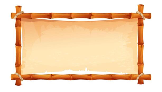 Bamboo frame with empty parchment, rope on corners. Themed projects game ui border, menu. Old paper textured, bamboo border. vector
