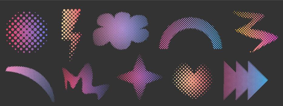 trama de semitonos resumen geométrico conjunto punteado y2k de moda decoración. degradado retro píxel, grano efecto. popular Arte estilo punteado corazones, aislado en blanco vector