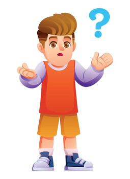 Boy wondering with an open-mouth expression and hands raised in a gesture of confusion or surprise next to a floating question mark. Cartoon illustration vector