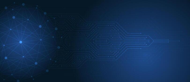 Quantum computer technology background. Futuristic blue circuit board. Digital network banner with circuit connection. vector