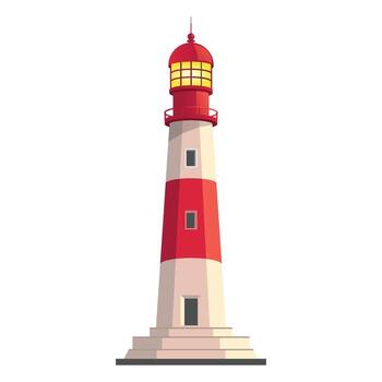 Tall red and white lighthouse with glowing top light standing on a stone base, symbolizing guidance and safety by the sea. vector