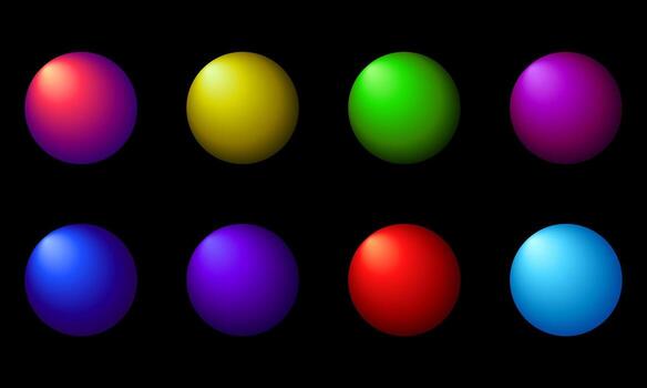 collection of bright colorful 3d spheres with smooth gradient and shiny surface on black vector