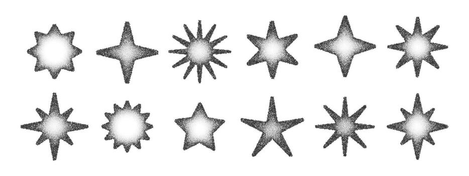 Set of retro grainy star shapes with halftone texture. Minimalist dotted star design isolated on white background, perfect for posters, labels, stickers, prints and trendy graphics vector