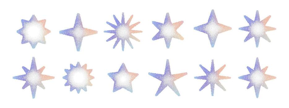 Collection of grainy gradient stars with soft grainy pastel effect. Minimal grainy star shapes isolated on light background for cosmic artwork, poster, web and modern creative design vector
