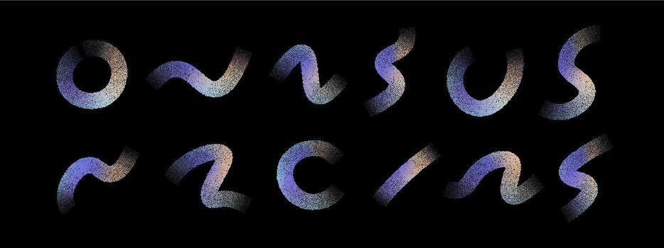 Set of abstract dotted strokes with grainy neon gradient texture. Futuristic glowing dotted shapes isolated on dark background, perfect for poster, UI, music cover and modern design vector