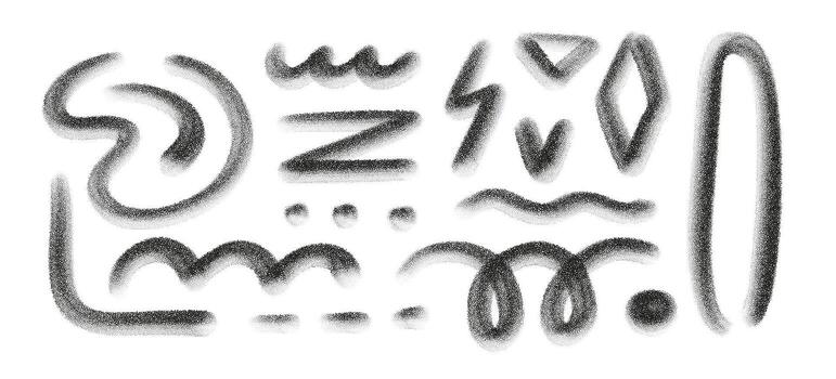 Set of graffiti shapes in stipple art style with spray texture and grain shading. Abstract pack of black and white elements including lines, dots, waves, heart, lightning and geometric forms vector