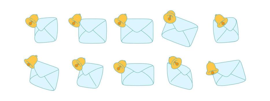 Envelope notification icon 3D with paper mail and alert bell, set of blue envelopes in different angles. Isolated design for email, message, communication and digital office concept vector