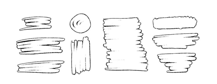 Set of hand drawn marker strokes and sketch shapes in black and white. Abstract pack with lines, scribbles, circle and blocks. Marker stroke elements for highlight, doodle vector