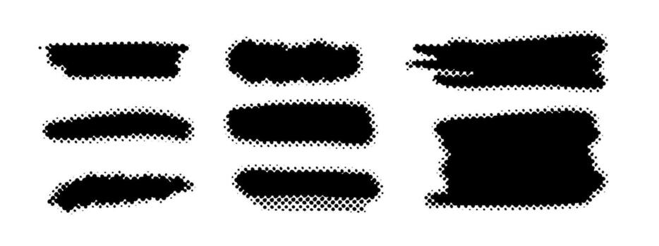 Halftone brush shapes set with bold black strokes and dotted gradient edges. Halftone brush design elements perfect for backgrounds, halftone brush texture and modern graphic layouts vector