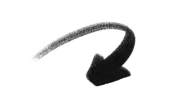 pintada flecha en punteado Arte estilo con redondeado curva señalando abajo. rociar textura y grano sombreado en negro y blanco. resumen flecha para navegación, reciclar, calle Arte y creativo diseño vector