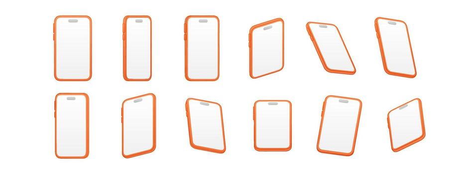 Orange smartphone 3d set in isometric style. Mobile phone mockup in bright orange frame from different angles and perspectives for app design, UI UX and digital projects vector