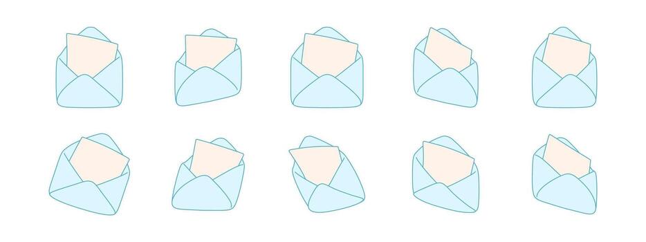 Envelope icon 3D with letter and mail paper, envelope shown in different angles and views for communication. Isolated design for email, digital message, office contact and web concept vector