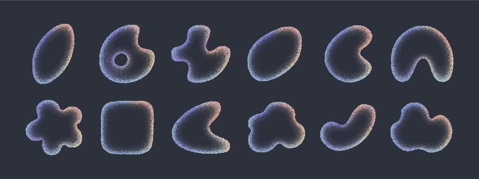 Collection of futuristic abstract shapes with neon glow and grain texture. Minimal dreamy futuristic forms isolated on dark background for creative poster, web and modern artwork vector