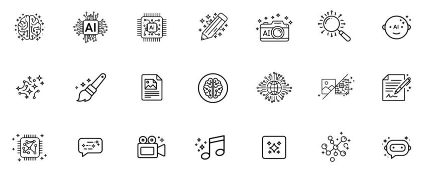 Collection of line icons shows artificial intelligence in digital art and media creation. vector