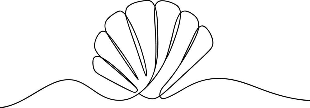 Single line drawing of a scallop shell on wavy lines vector