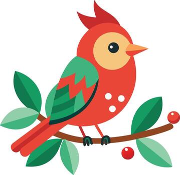Red bird with green wings on a branch with leaves and berries vector