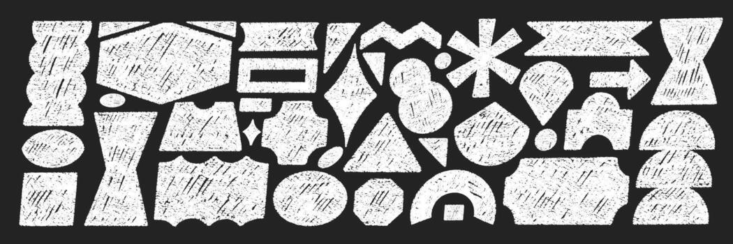 Set of playful elements with abstract geometric shapes. Rectangle, circle, oval and zigzag with crayon, chalk or pastel texture. Hand drawn white illustration on a blackboard. vector