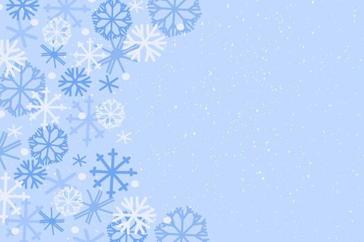 Blue background with various snowflakes and snowfall effects, with space for text. Winter flat design for Christmas and New Year greeting cards. vector