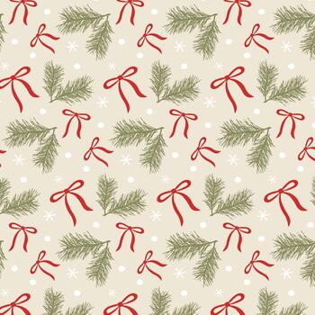 Christmas holiday pattern with a fir branch, red bow, snowflake, and snow dots. Festive winter background for gift wrapping, textiles, and children's design. vector
