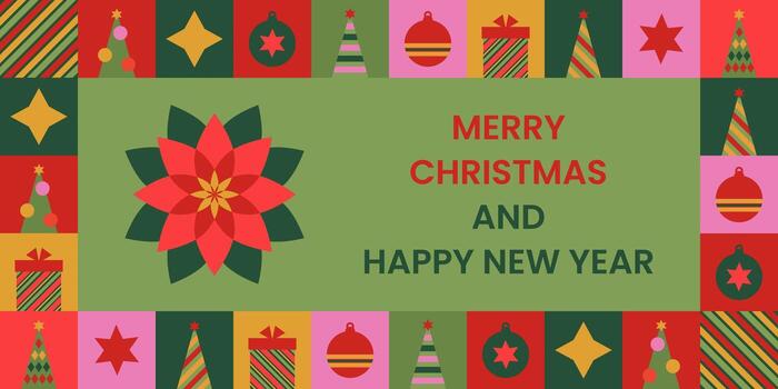 festivo Navidad y nuevo año tarjeta con resumen geométrico patrones y un flor de pascua flor. estacional fiesta antecedentes con texto. vector