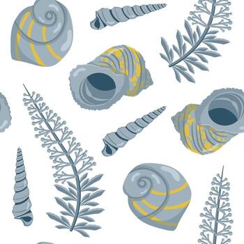 Seamless pattern with detailed shells and seaweed. Suitable for fabric, phone cases and stationery. vector