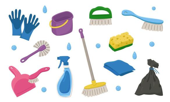 set of cleaning attributes with bubbles. Concept of spring cleaning at home. vector