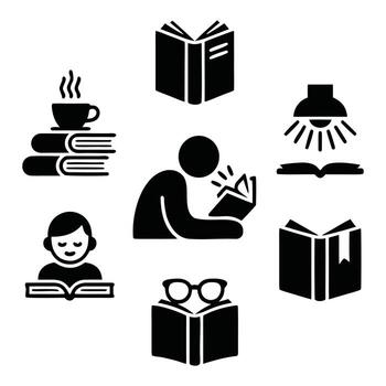 Clean Black Book and Reading Symbol Collection on White Background for Print Design vector