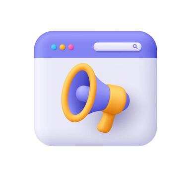 web navegador ventana con megáfono altoparlante. marketing, anuncio, comunicación, alertas, promoción y anuncio concepto. 3d icono. dibujos animados mínimo estilo. vector