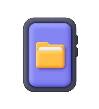 Purple smartphone with yellow folder on the black screen. Data storage, file management, document sharing and digital organization concept. 3d icon. Cartoon minimal style. vector