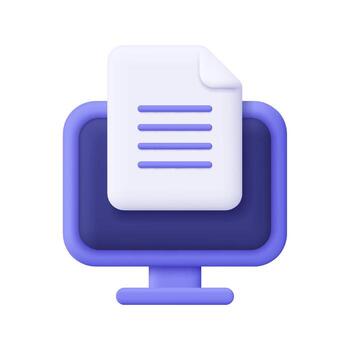 Purple computer with document file on screen. Remote work, education, online document, digital file, data management and computer work concept. 3d icon. Cartoon minimal style. vector