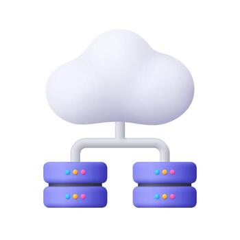 White cloud connected to two stacks of purple servers. Cloud storage, networking, data management, digital technology and computing infrastructure concept. 3d icon. Cartoon minimal style. vector