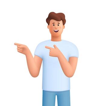Young smiling man James pointing to the side with both hands. Offer, presentation, tutorial, promotion, direction, guidance and attention concept. 3d people character. Cartoon minimal style. vector