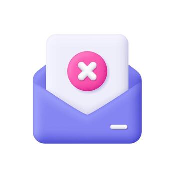 Purple envelope with white letter and pink circle with white cross mark. Message deletion, email rejection, email error, spam, document cancellation. 3d icon. Cartoon minimal style. vector