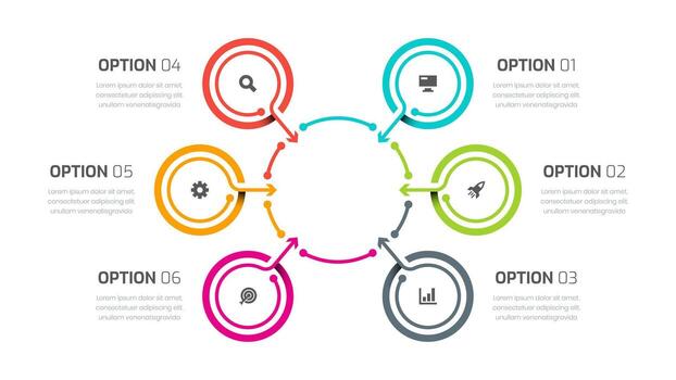 Business Central Circle Infographic with 6 Circle Lines and Icon, Suitable for Presentations, Process Diagram, Workflow. vector